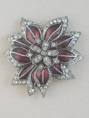Vintage Monet Silver-Tone Red Enamel Rhinestone Poinsettia Holiday Pin Brooch